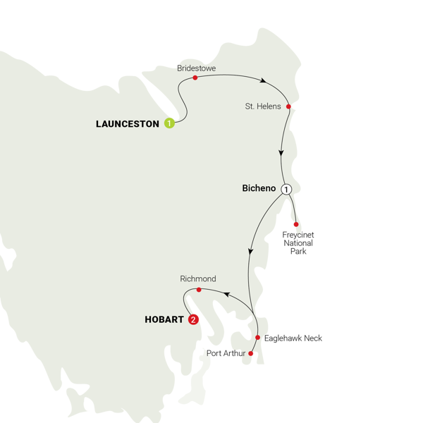 Tassie's East Coast Highlights Itinerary Map