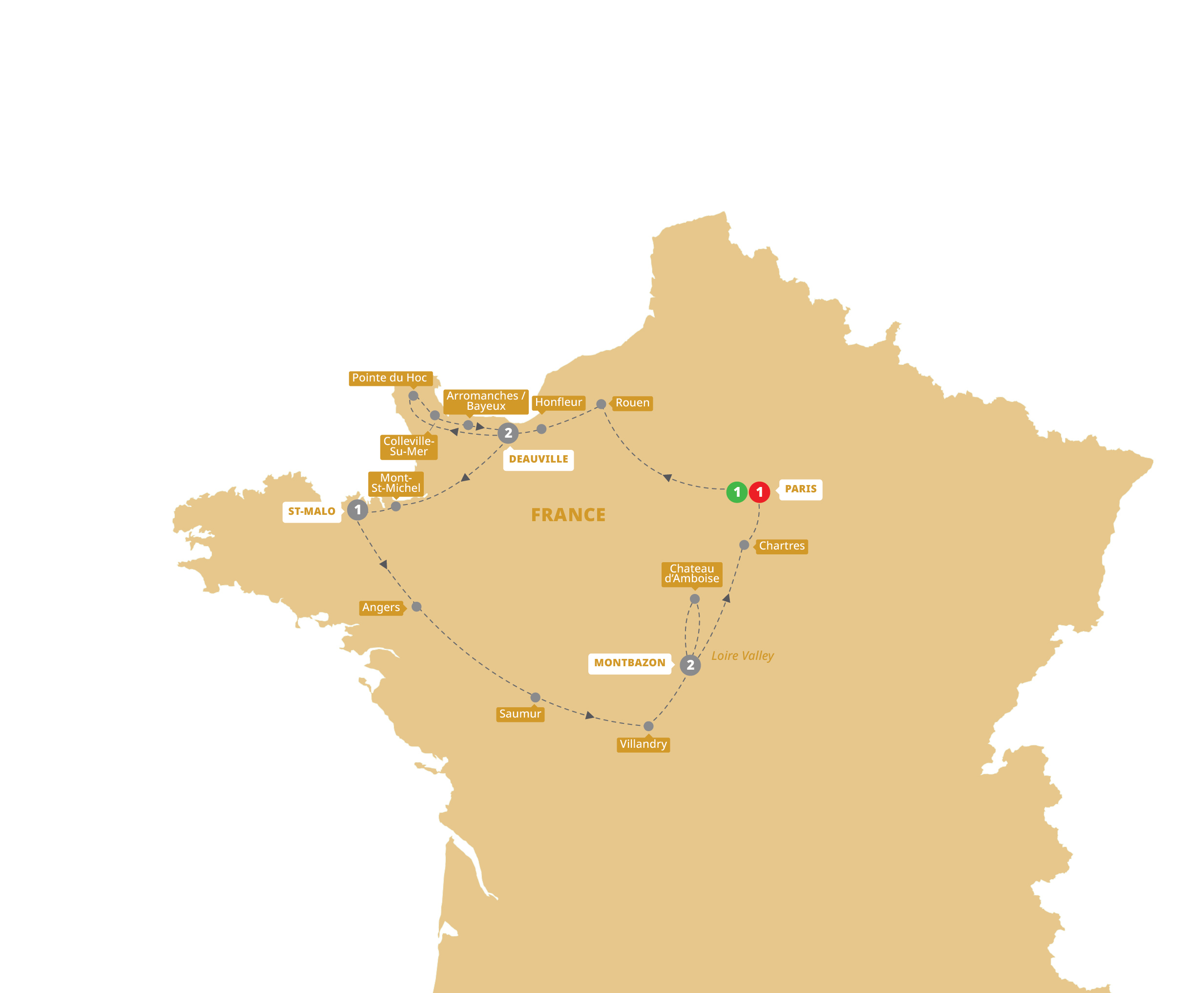 Map of Normandy, Brittany & The Loire Valley from Trafalgar
