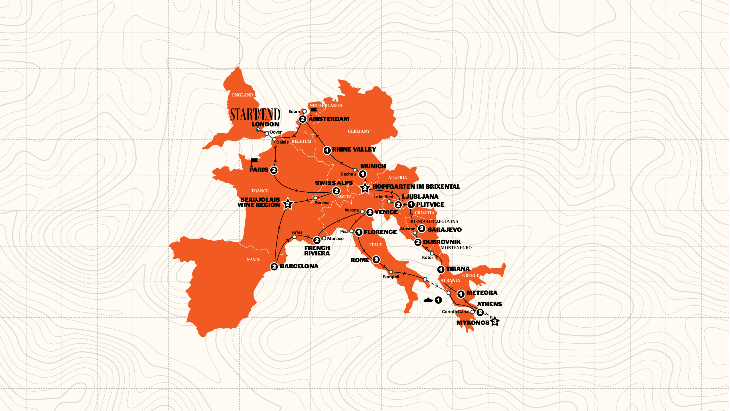 Map of European Adventurer | Start London | 2028 from Contiki