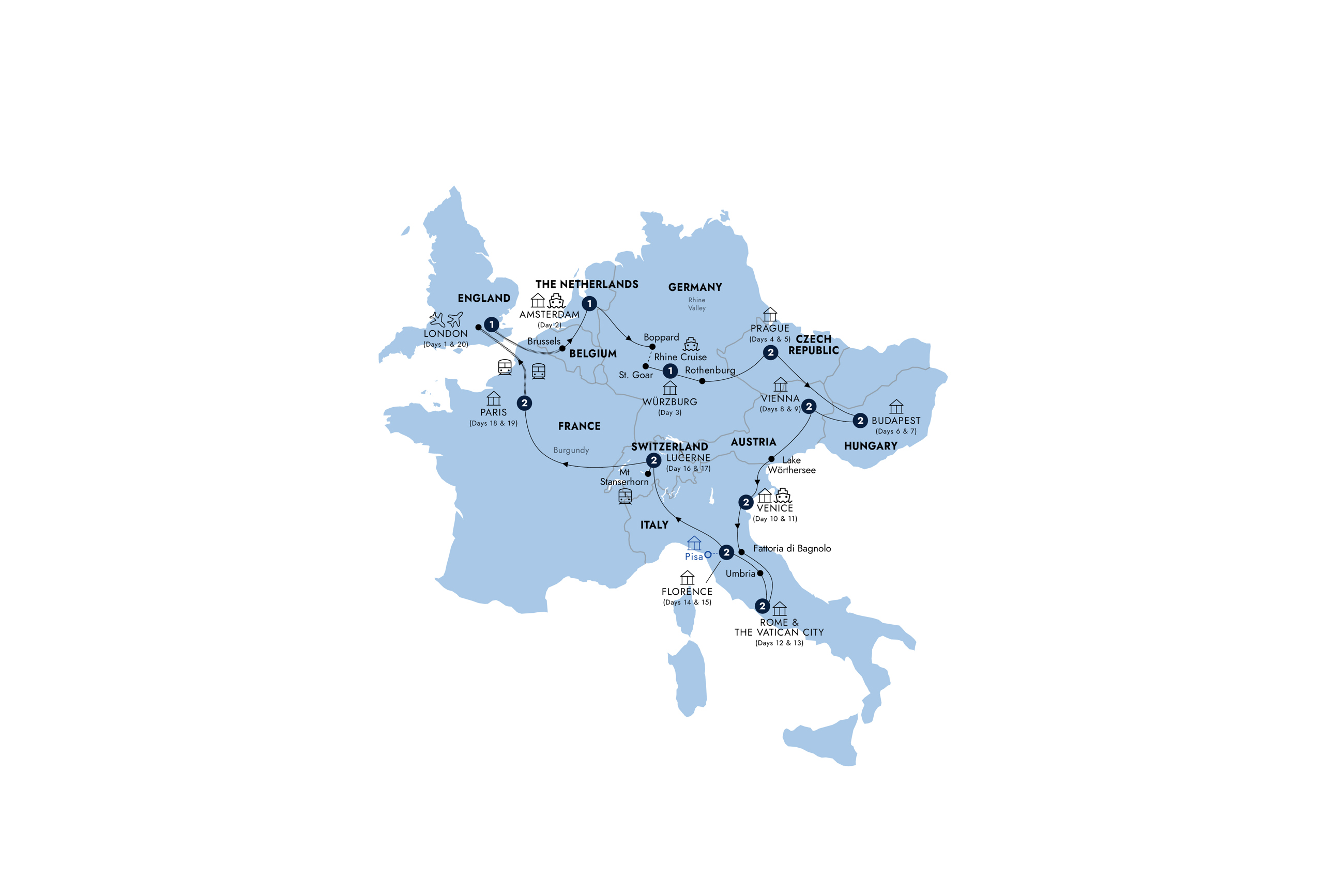 Map of Romantic European - Start London, Return Eurostar, Classic Group from Insight Vacations