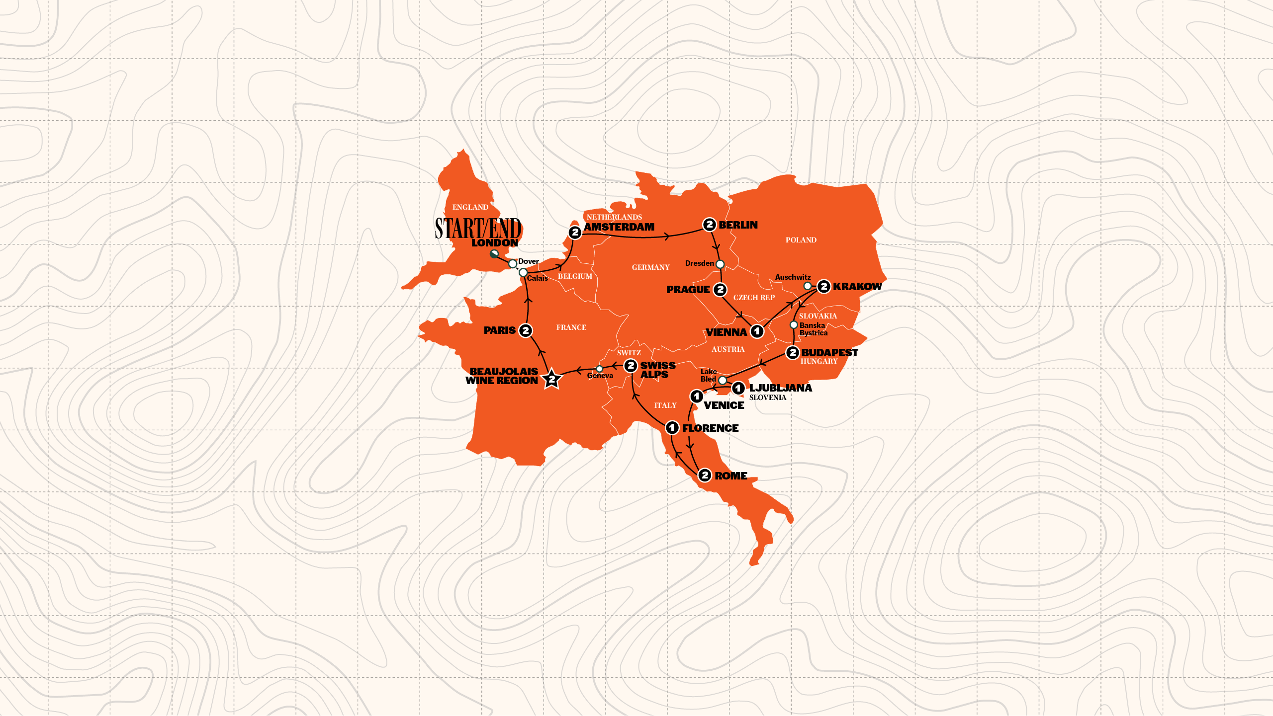 Map of European Trail | Hostels | Start Amsterdam | Summer 2027 from Contiki