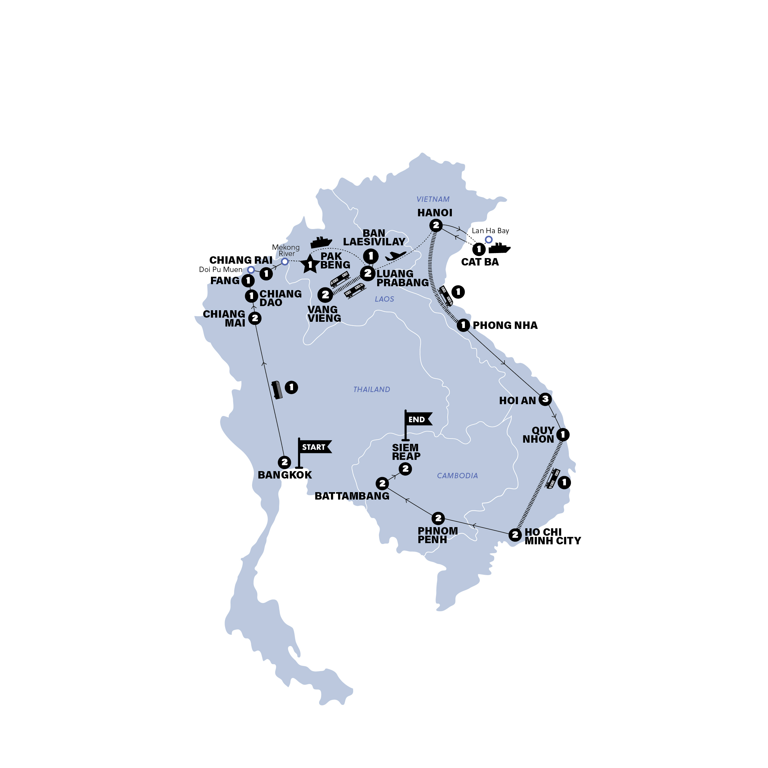 Map of SE Asia: Bangkok to Siem Reap from Contiki