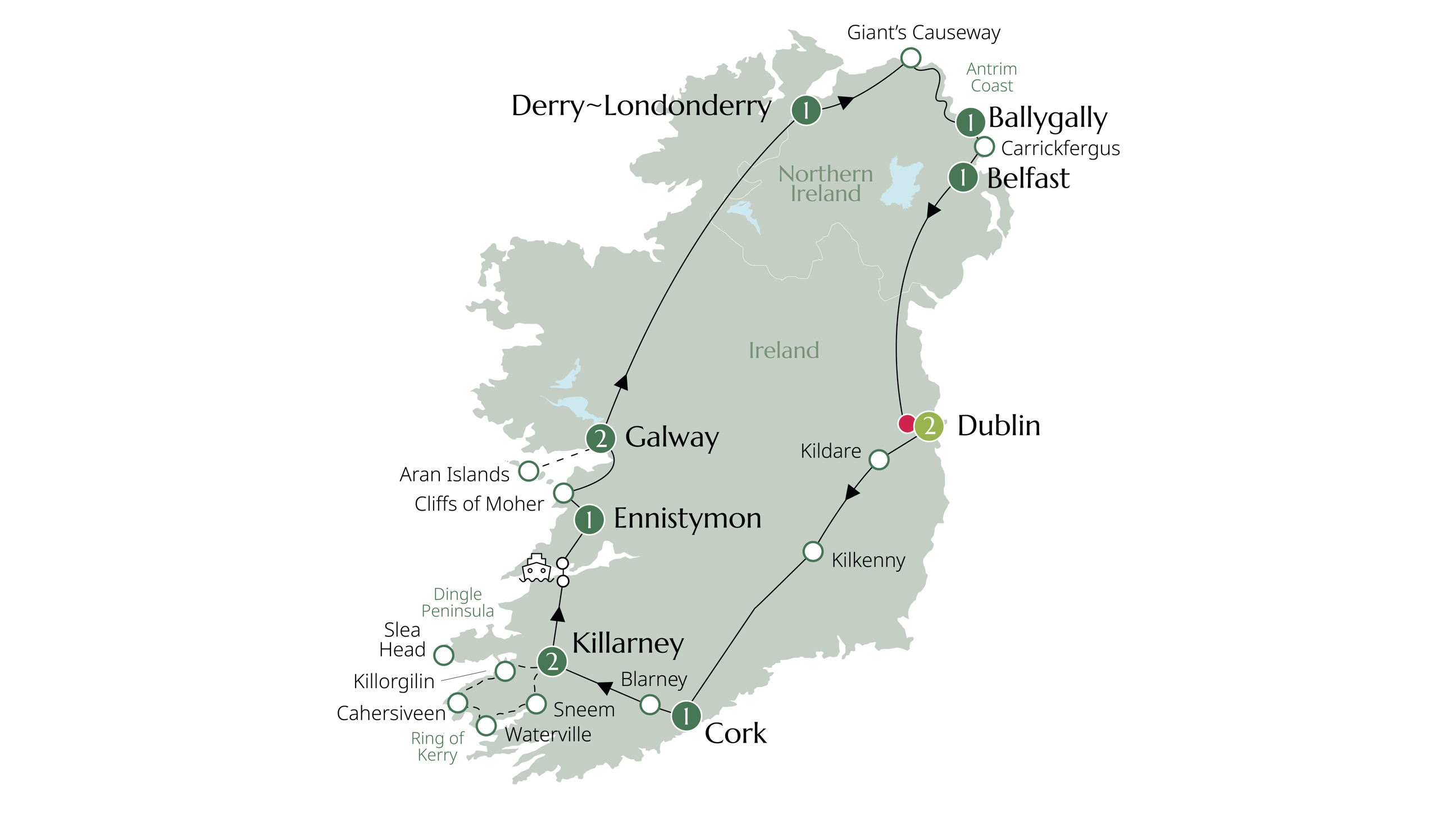 Map of Country Roads of Ireland (Ends in end Dublin) from Brendan Vacations
