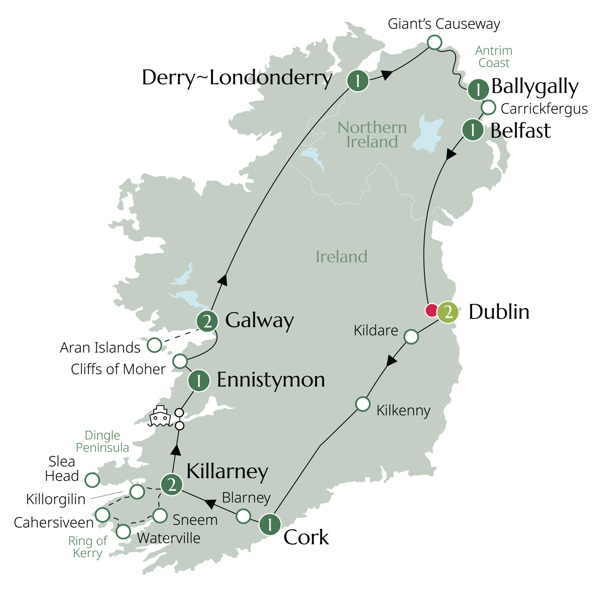 Country Roads of Ireland - End Dublin, Classic Group Itinerary Map