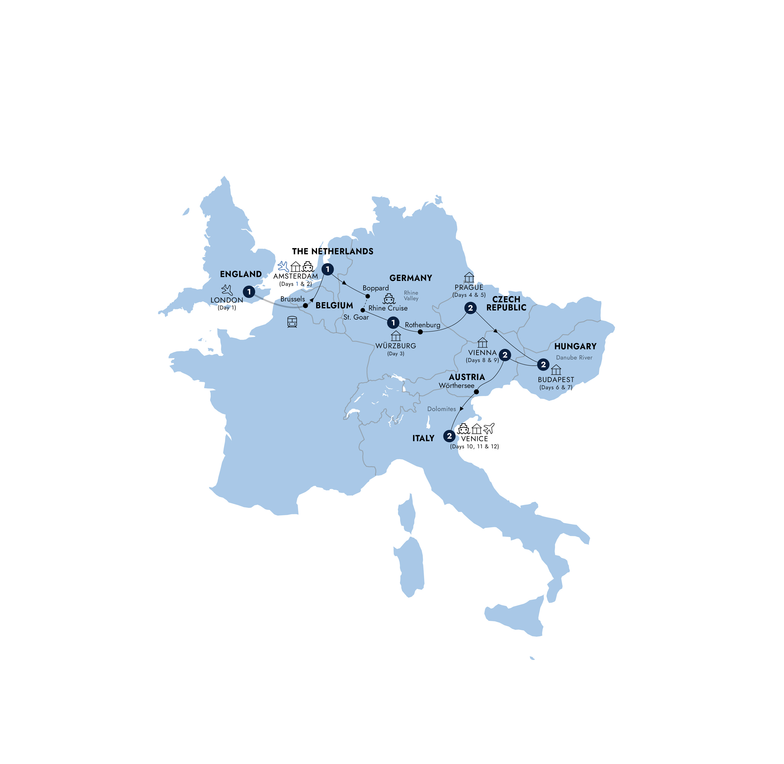 Map of European Rhapsody - Start London (Summer 2026) from Insight Vacations