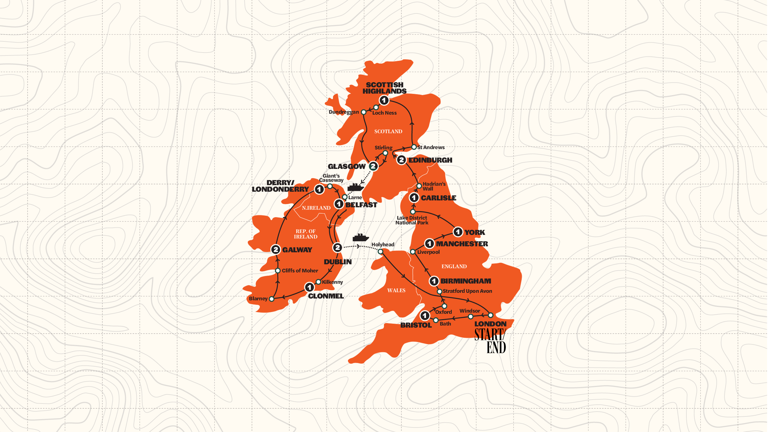 Map of Best of Great Britain & Ireland | Age 27-35 |  Summer 2027 from Contiki