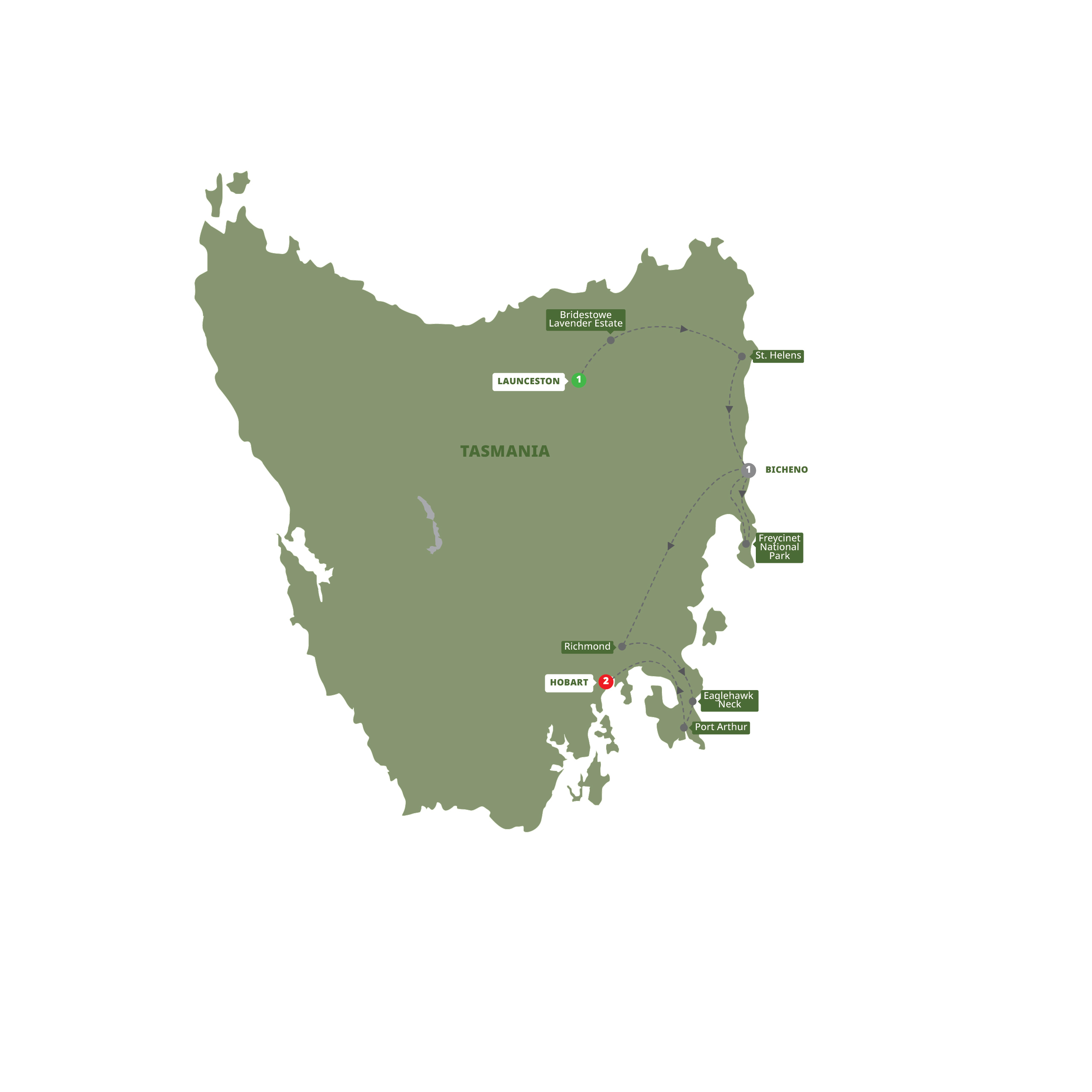 Map of Tassie's East Coast Highlights from Trafalgar