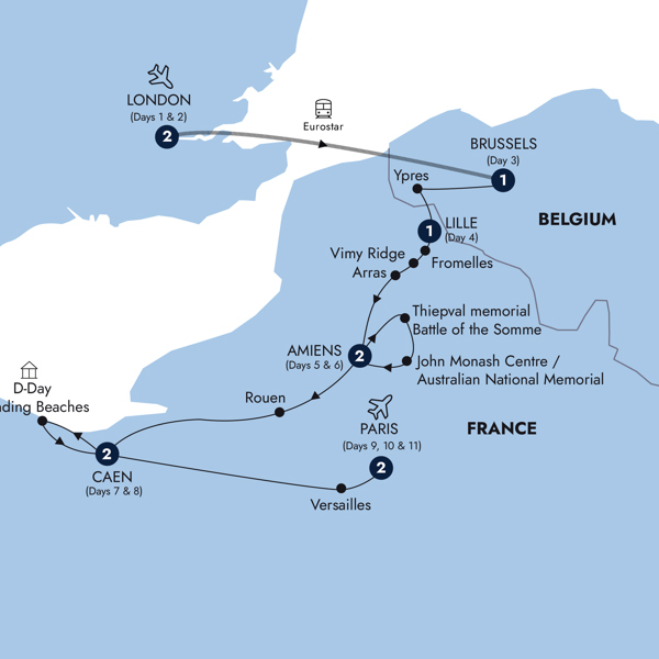 Battlefields of WWI & WWII Itinerary Map