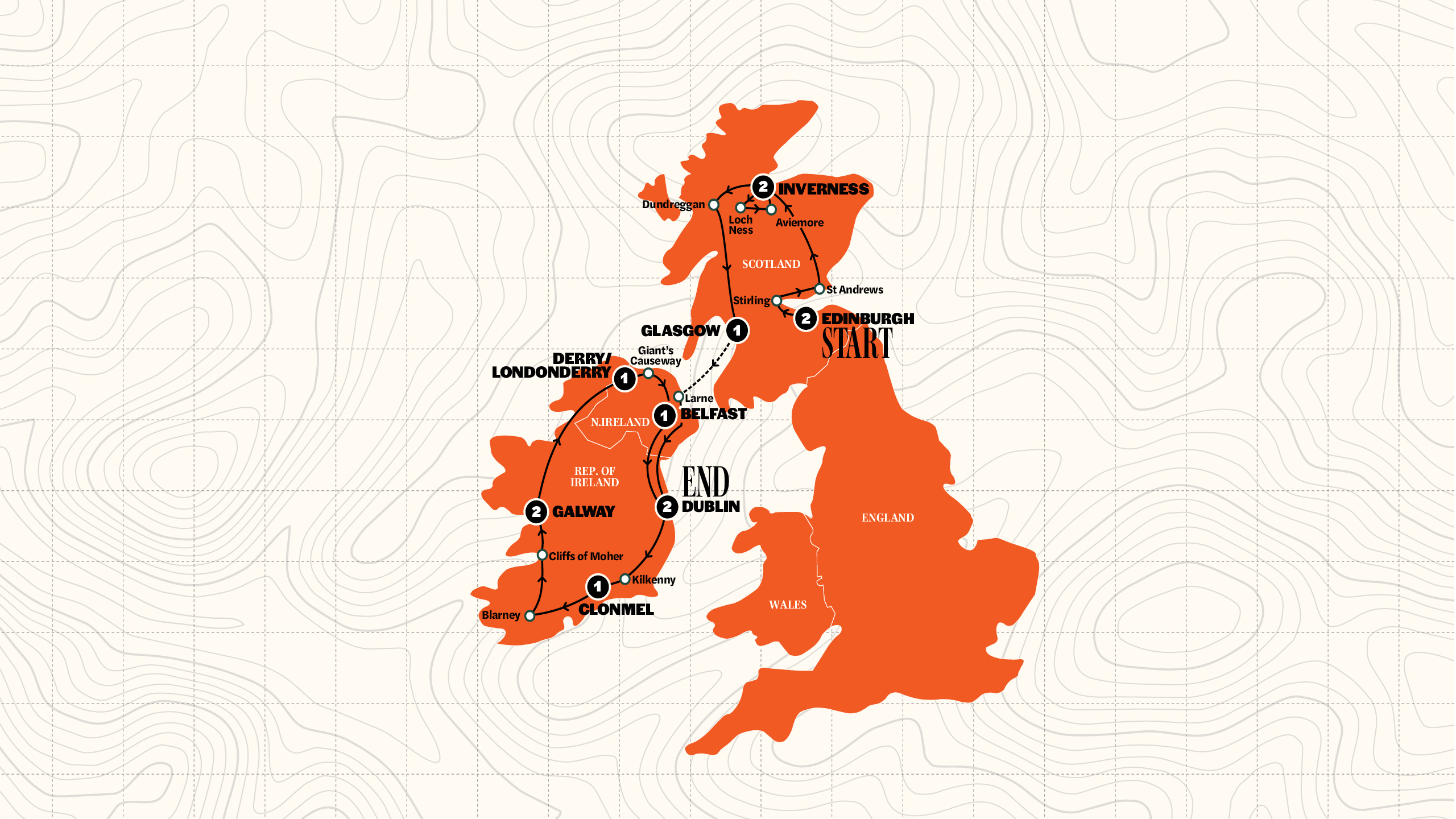 Map of Best of Scotland & Ireland | Classic | Winter 2026/2027 from Contiki