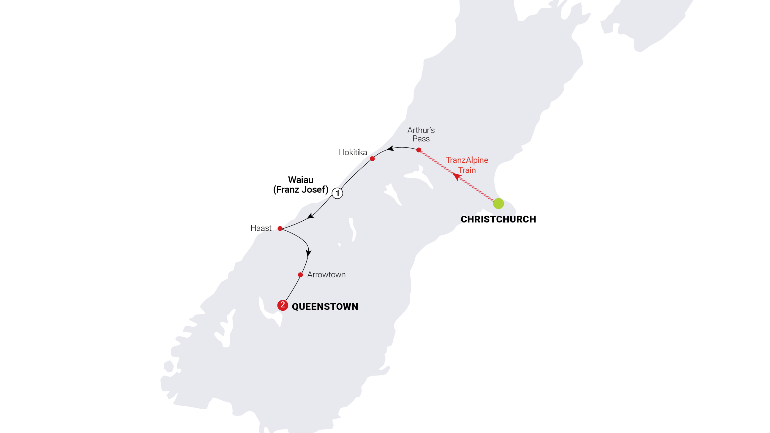 Map of New Zealand South Island Discovery Trip
