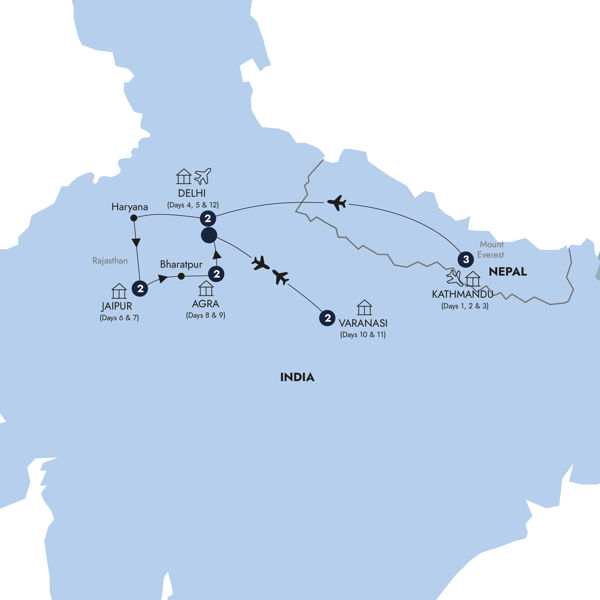 Classical India with Nepal - Small Group Itinerary Map