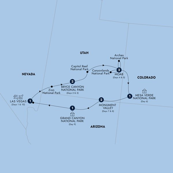 Wonders of the American West - Classic Group Itinerary Map