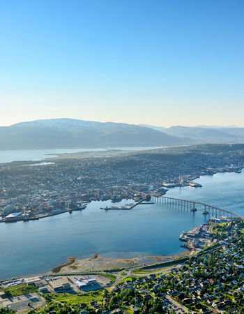 Birds eye view of Tromso bridge and fjord, Norway