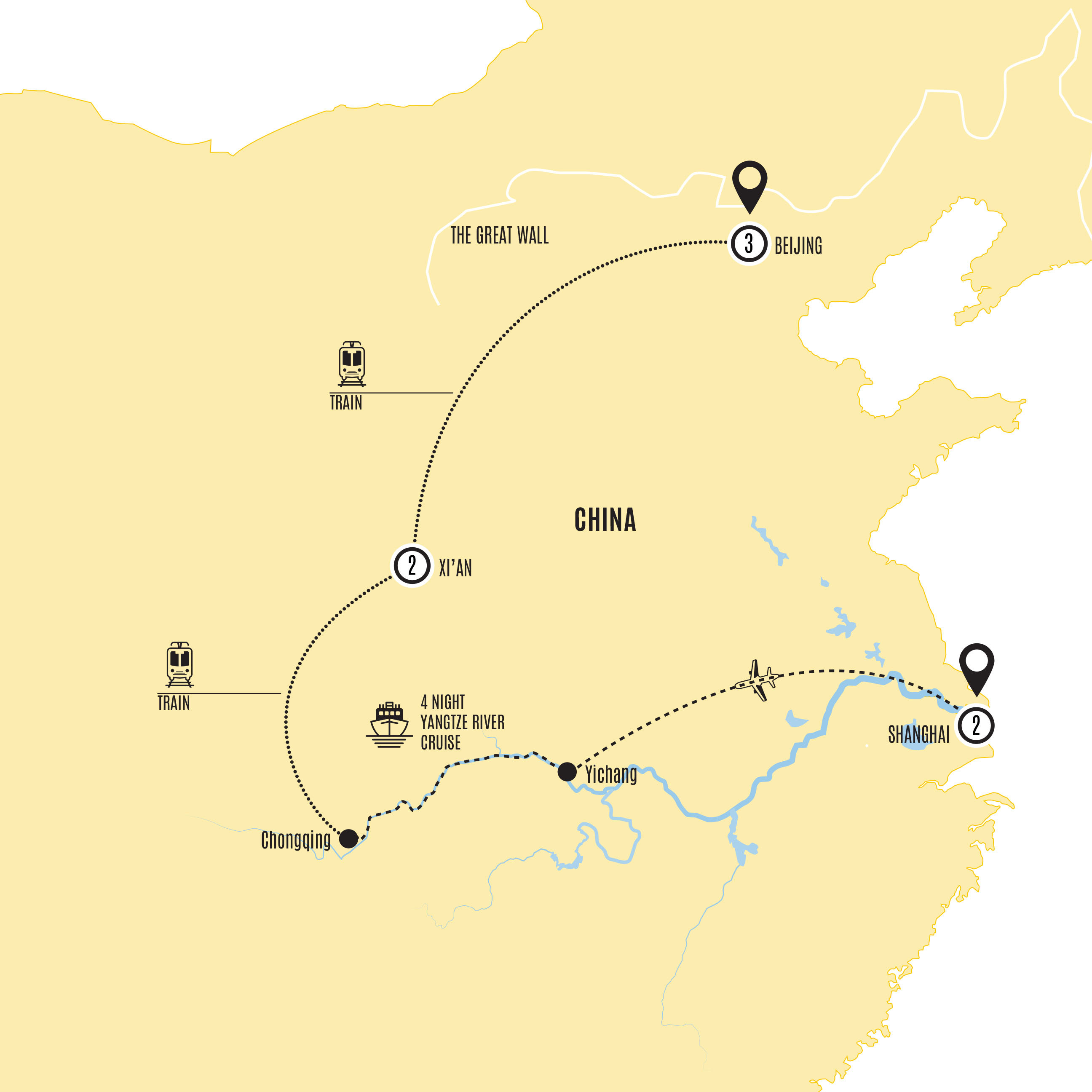 Map of Iconic China with Yangtze Cruise (2027) from Costsaver