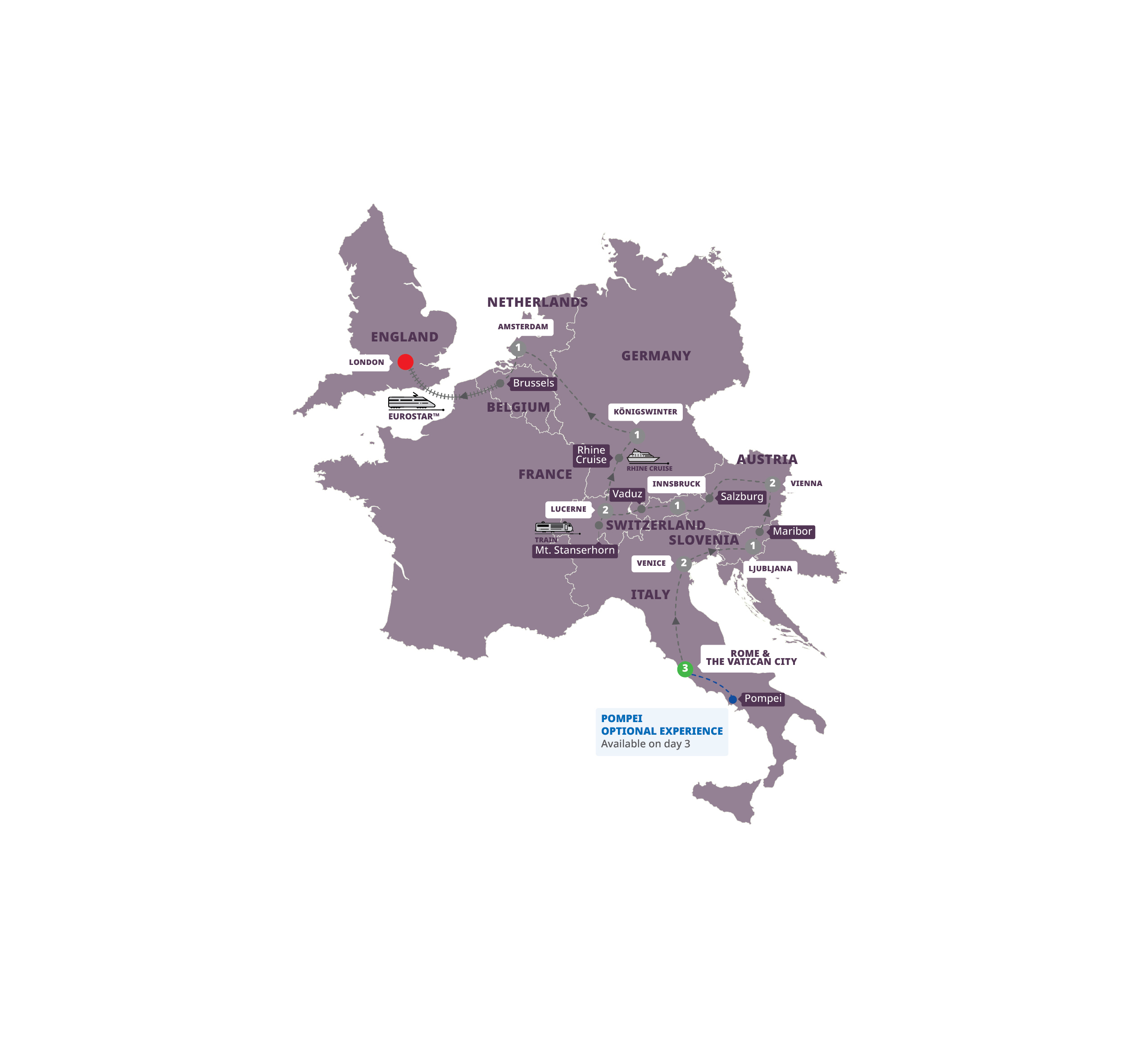 Map of Splendid Europe - Eurostar Extension from Trafalgar