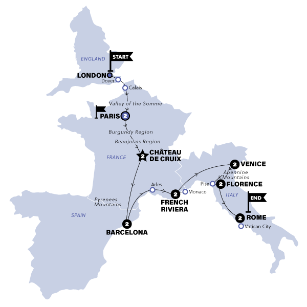 tourhub | Contiki | London to Rome (Start Paris Summer 2025) | Tour Map