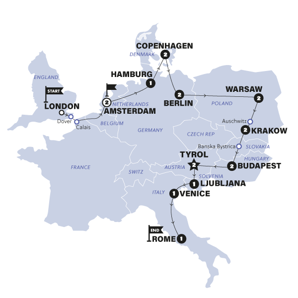 tourhub | Contiki | London to Rome Vistas | Start Amsterdam | Winter | 2024/2025 | Tour Map