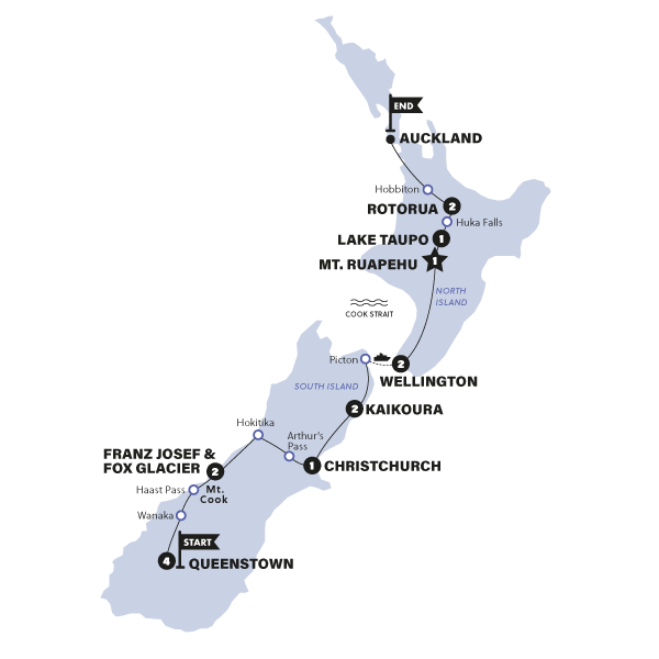 tourhub | Contiki | Kiwiana Panorama Reverse - Queenstown to Auckland (Oct 2023 to Sep 2024) | Tour Map