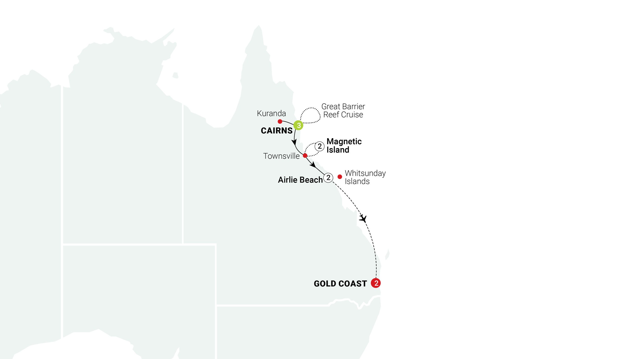 tourhub | AAT Kings | Tropical Queensland: Cairns to the Gold Coast | Tour Map