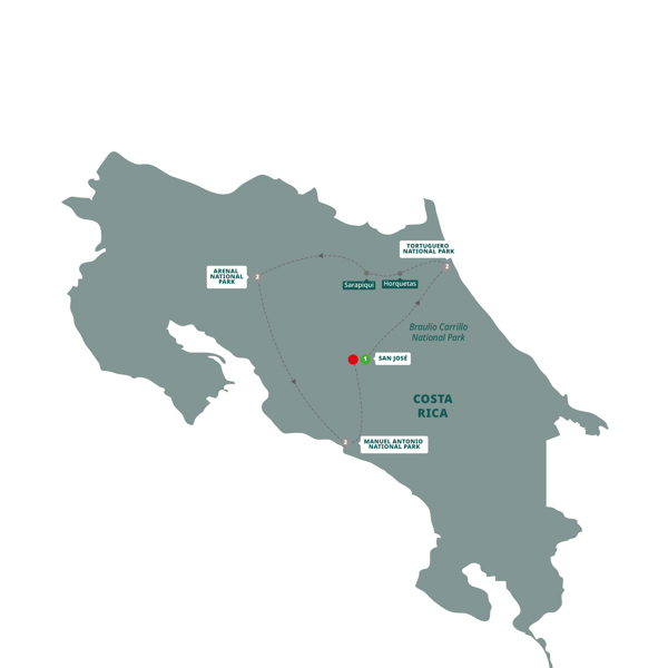 Monkeys, Jungles and Volcanoes Itinerary Map