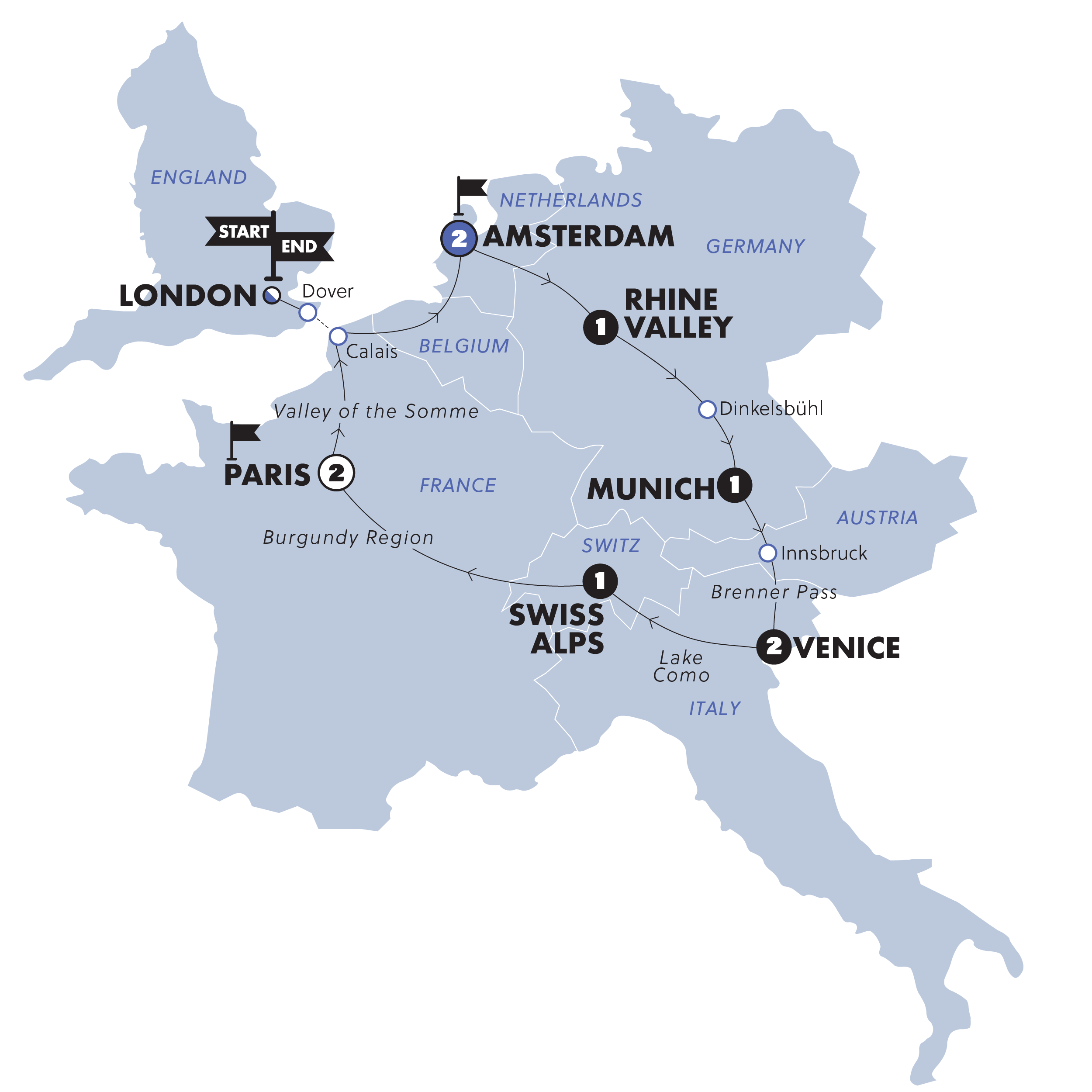 tourhub | Contiki | European Horizon | Start London | Standard | Winter 2025/2026 | Tour Map