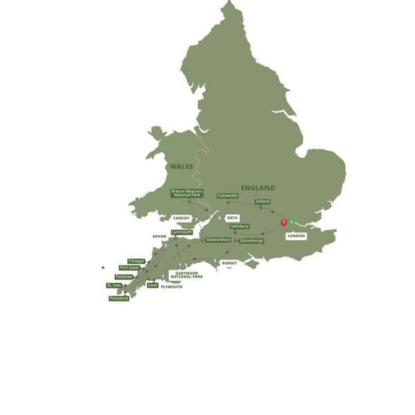 Country Roads of Wales, Devon & Cornwall Itinerary Map