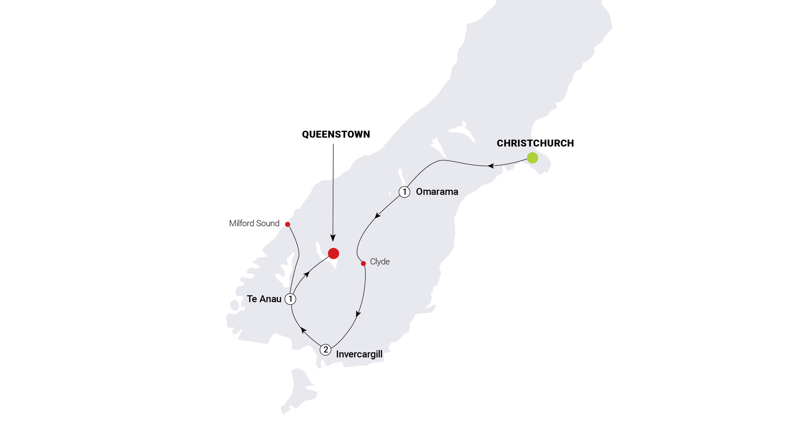 Map of New Zealand South Island Splendour Trip