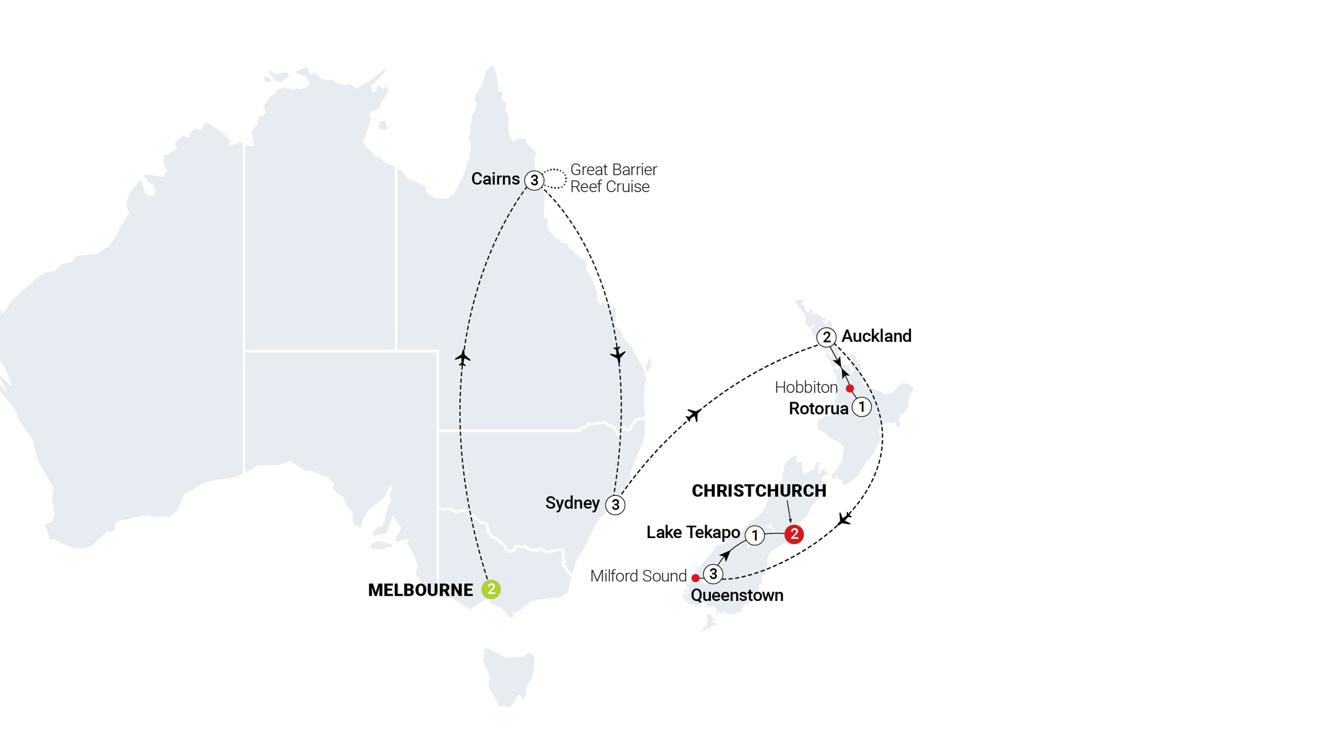 tourhub | AAT Kings | Contrasts of Australia and New Zealand | Tour Map