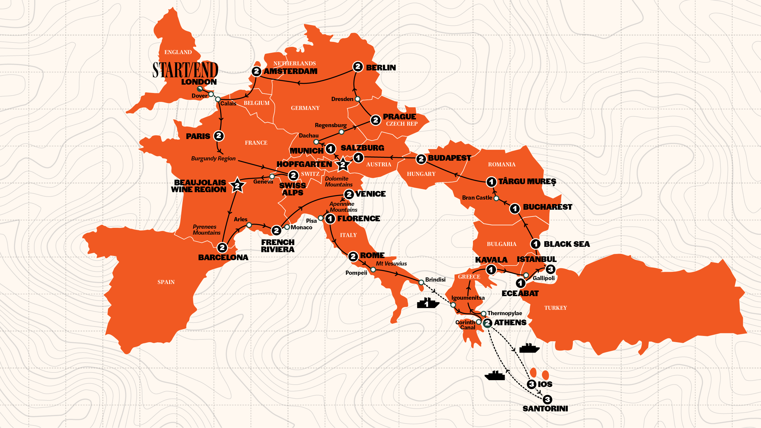Map of Ultimate European plus Greek Islands | Start London | 2028 from Contiki