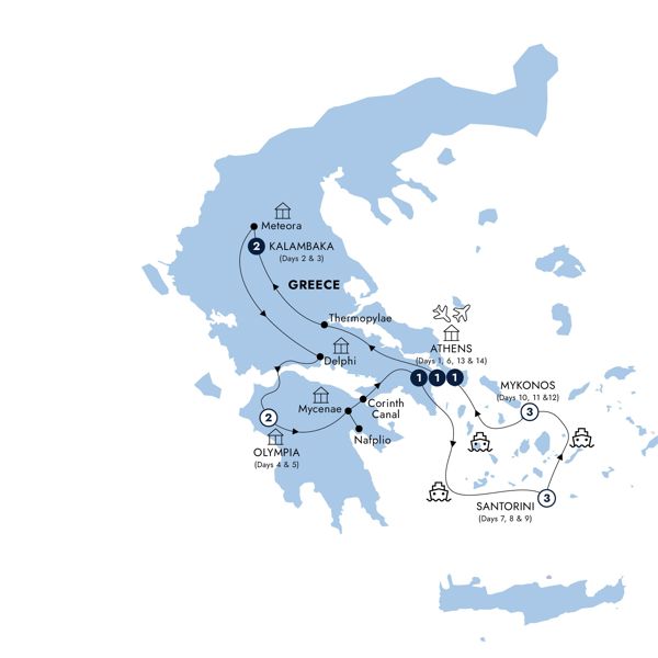 Treasures of Greece & The Islands - Classic Group Itinerary Map
