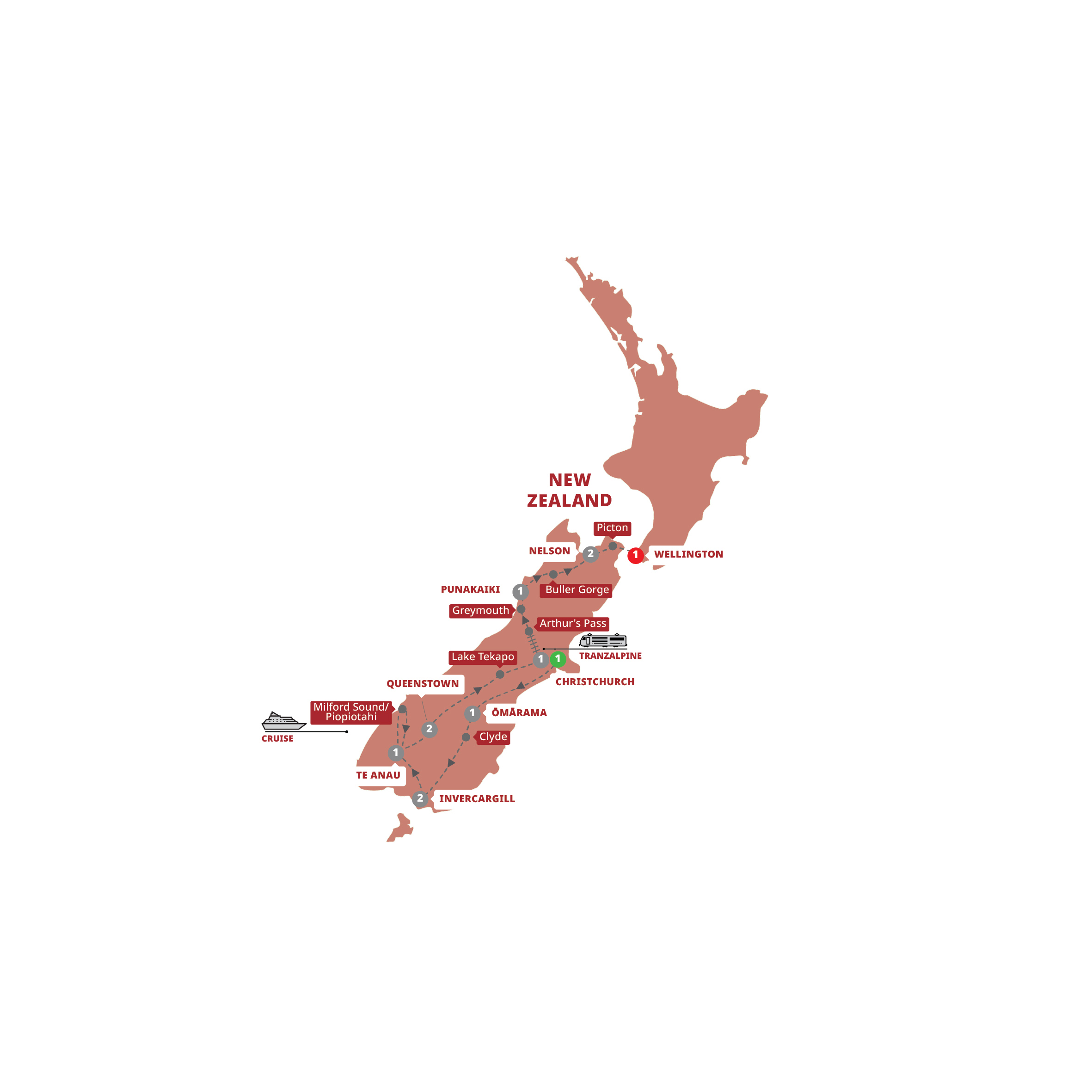 Map of Southern Spirit - Small Group (2028 - 2029) from Trafalgar