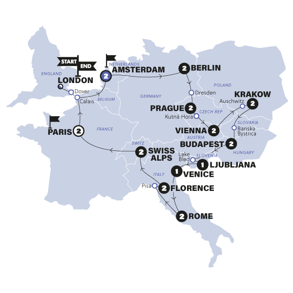 tourhub | Contiki | European Trail | Start London | Summer | 2025 | Tour Map