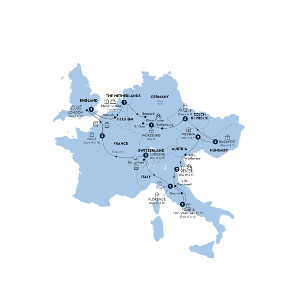 Romantic European - Start London, Return Eurostar, Classic Group Itinerary Map