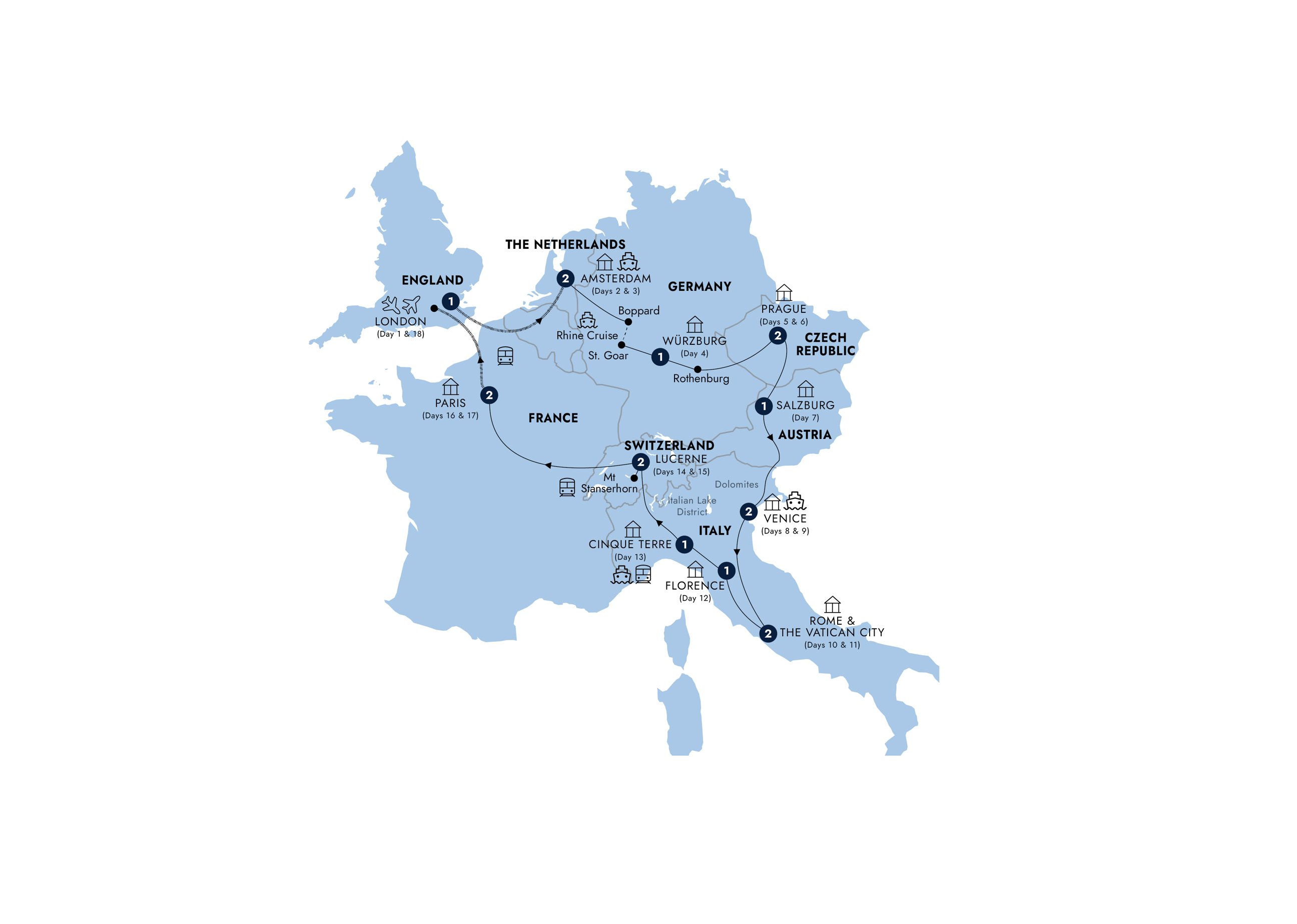 Map of European Discovery - Start London, Return Eurostar, Classic Group from Insight Vacations