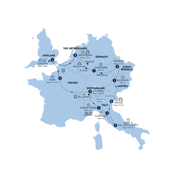 European Discovery - Start London, Return Eurostar, Classic Group Itinerary Map