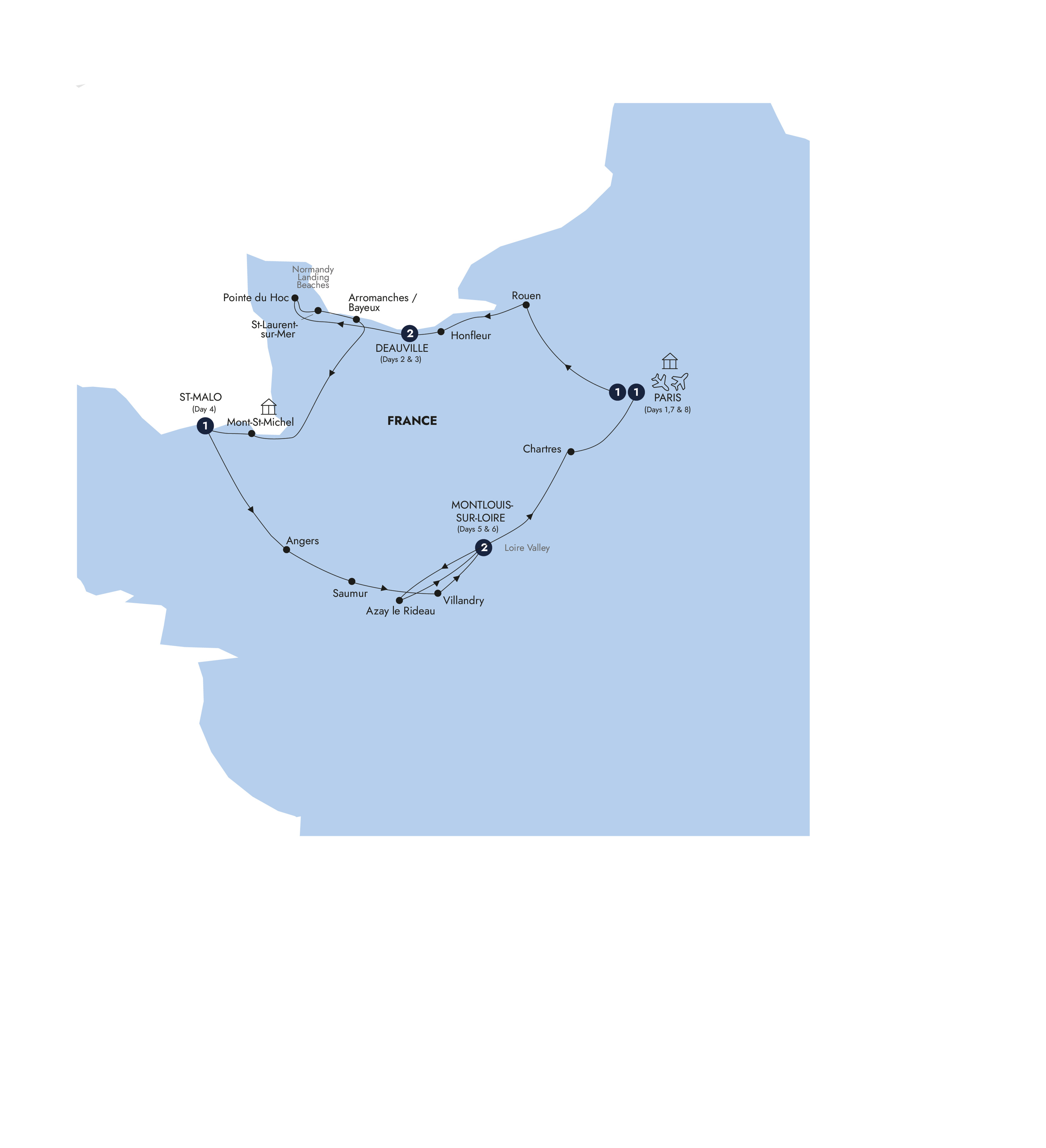 tourhub | Insight Vacations | Normandy, Brittany & The Loire Valley - Small Group | Tour Map