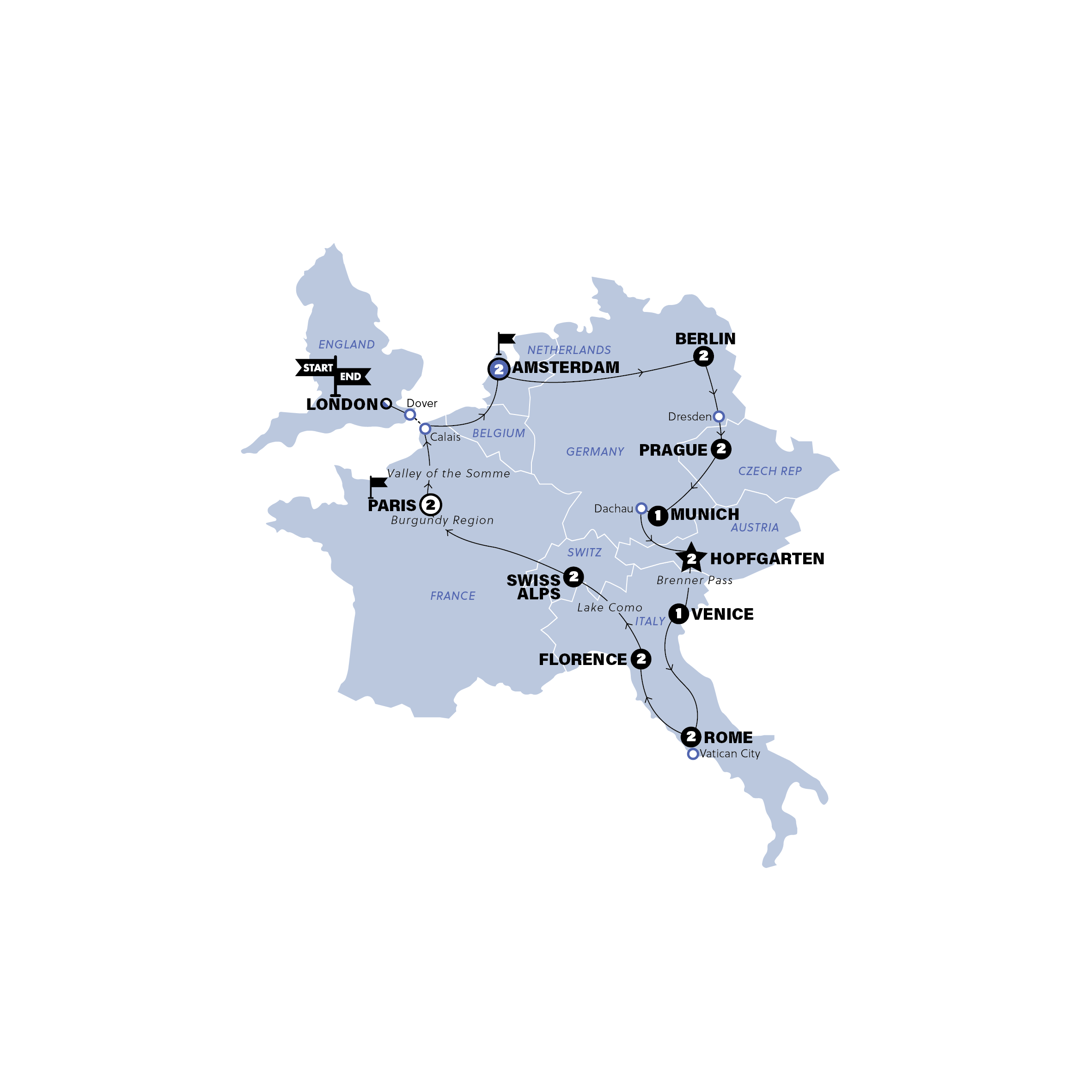 tourhub | Contiki | European Whirl | Start Amsterdam | Gap | Tour Map