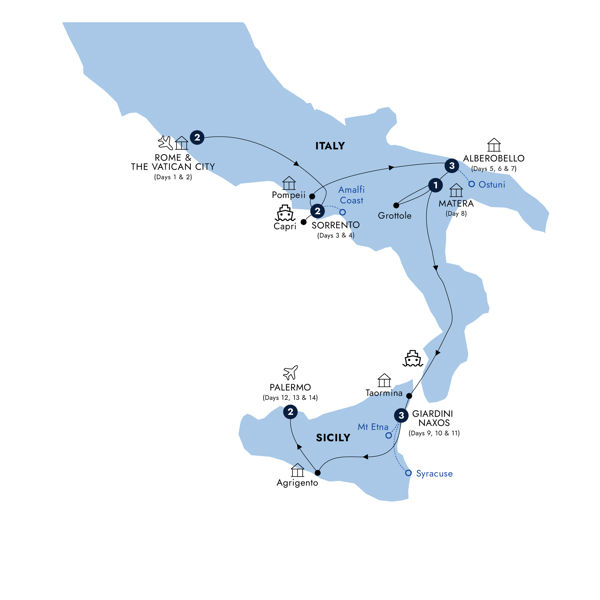 Country Roads of Southern Italy & Sicily - Classic Group Itinerary Map