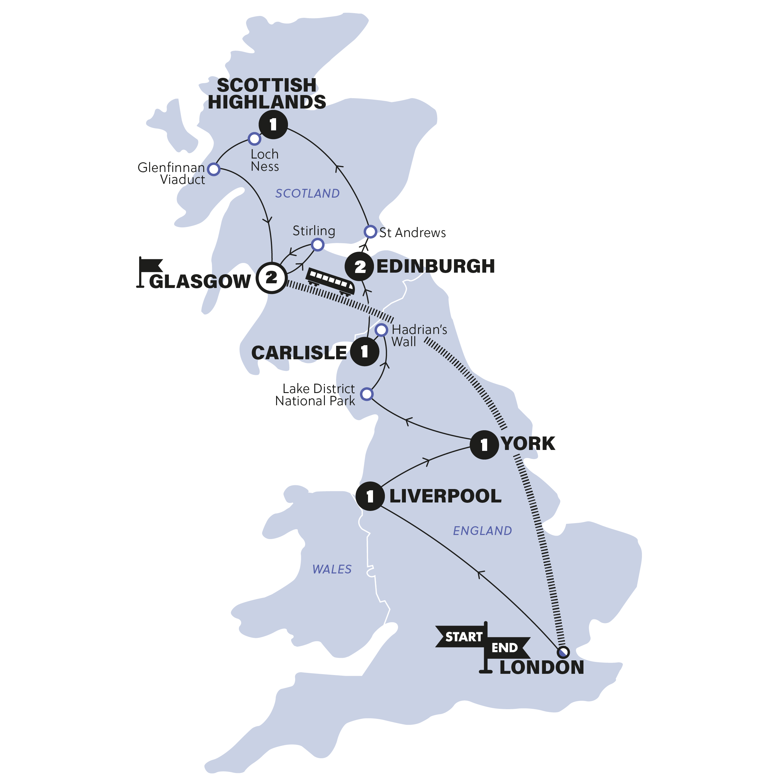 tourhub | Contiki | England & Scotland | End Glasgow | Summer | 2024 | Tour Map