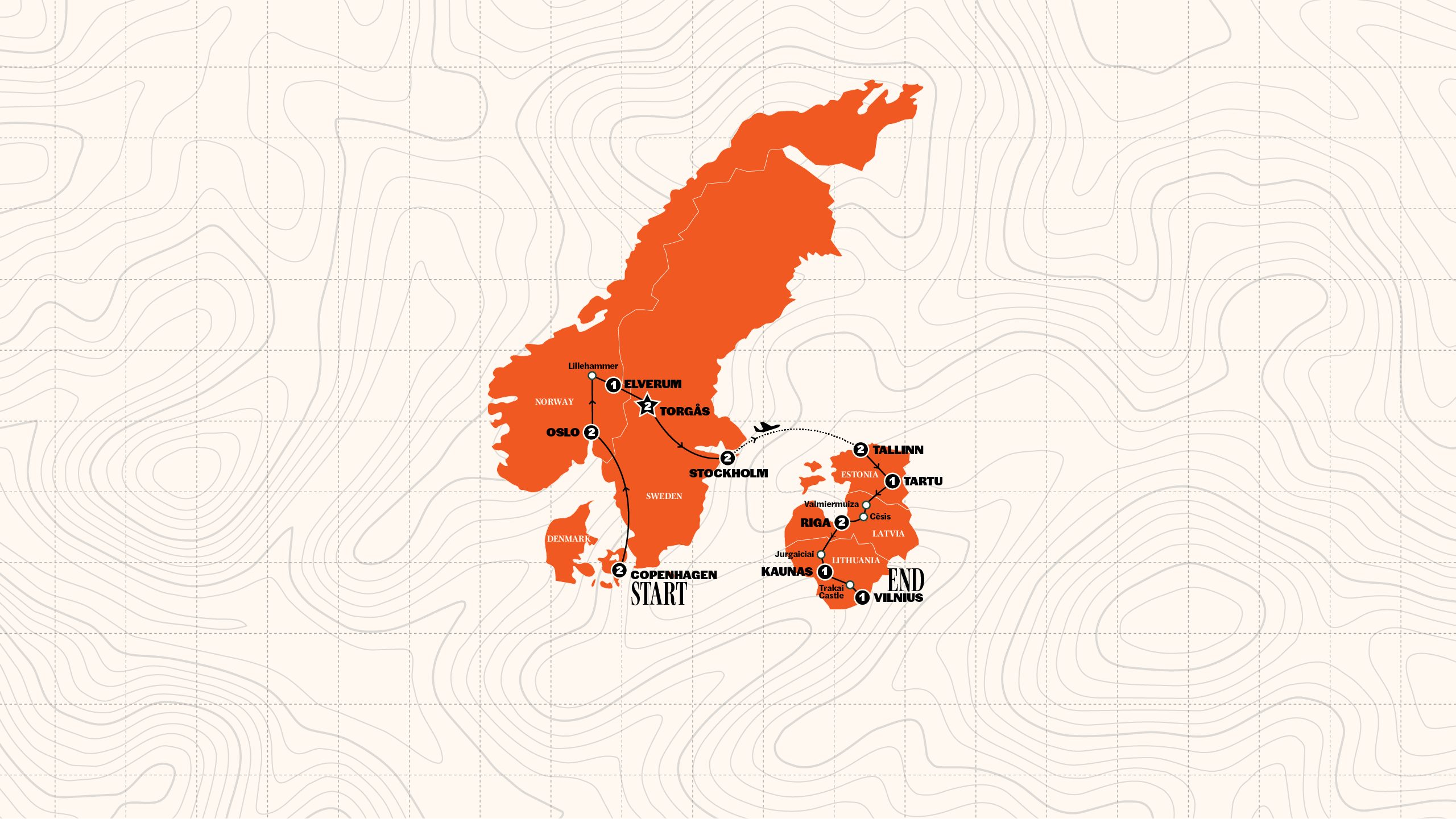 Map of Best of Scandinavia & The Baltics | Winter 2027/2028 from Contiki