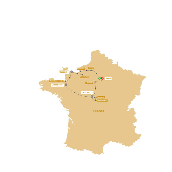 Treasures of France Including Normandy Itinerary Map