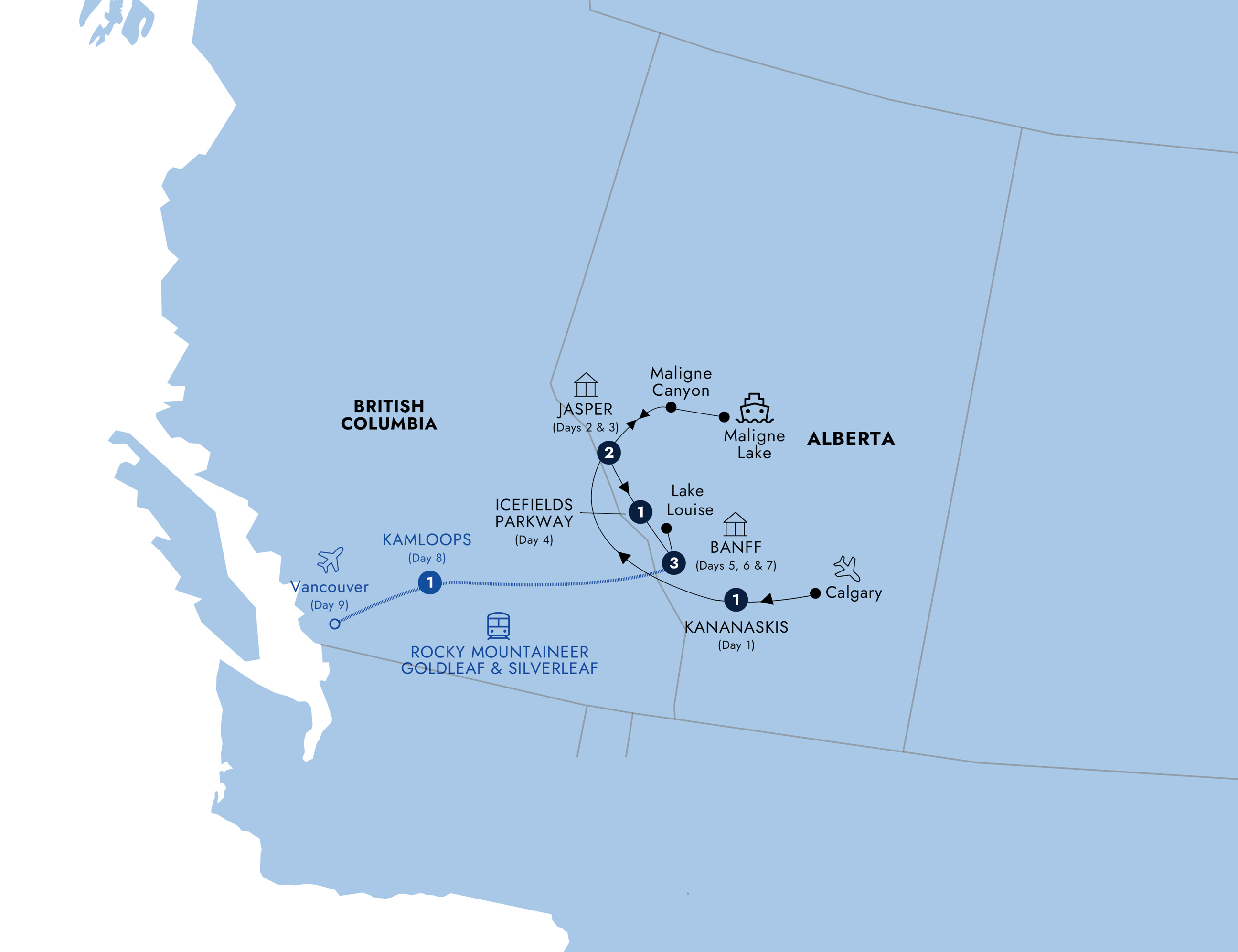 Map of Spectacular Rockies and Glaciers of Alberta with Rocky Mountaineer Silverleaf Option from Insight Vacations