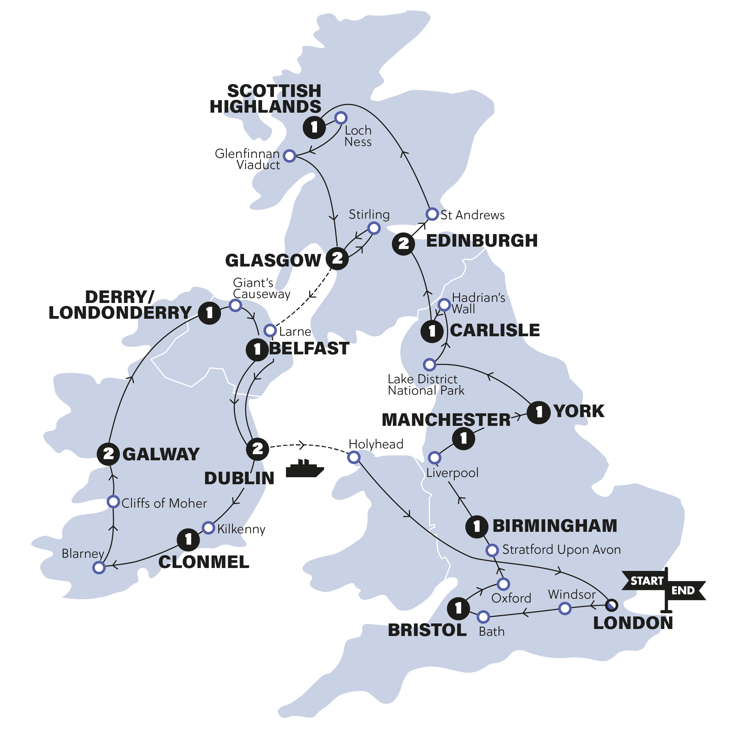 tourhub | Contiki | Great Britain & Ireland | Summer | 2025 | Tour Map