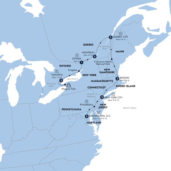 Best of Eastern Canada & USA - Classic Group Itinerary Map
