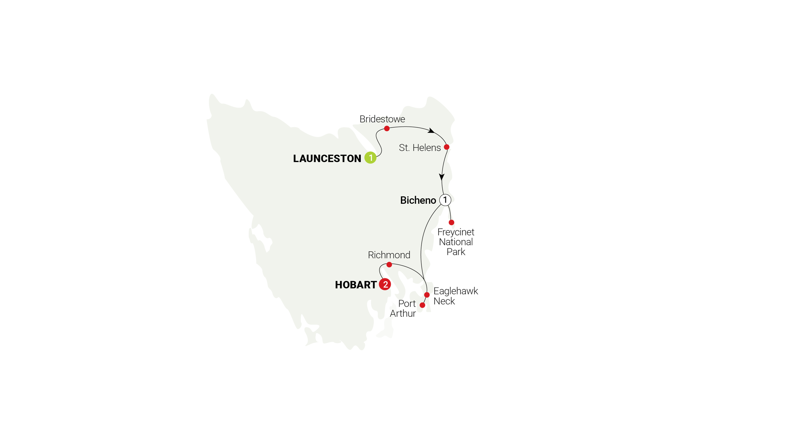 tourhub | AAT Kings | Tassie's East Coast Highlights | Tour Map