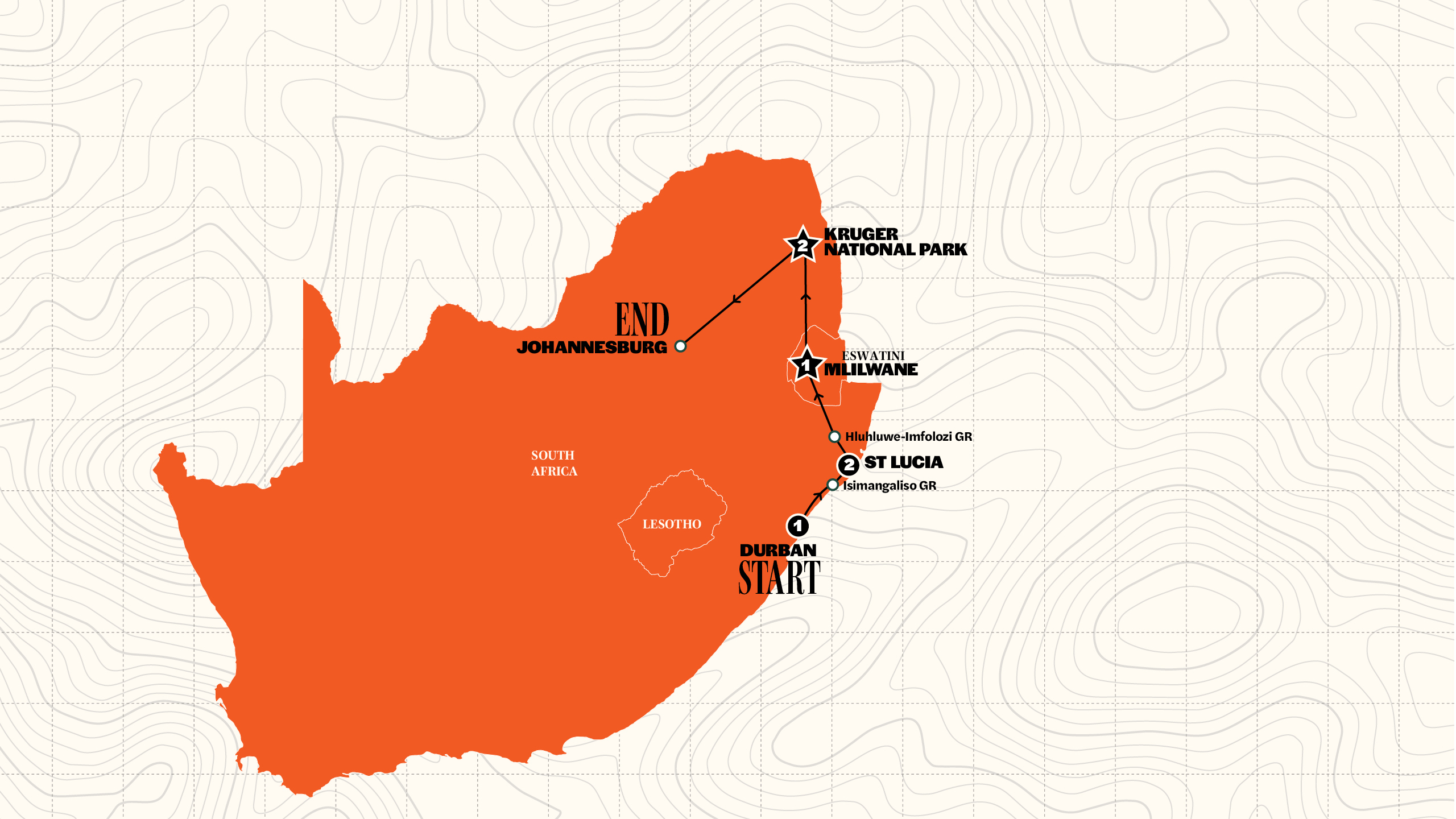 Map of Kruger & Eswatini Safari | 2027 from Contiki