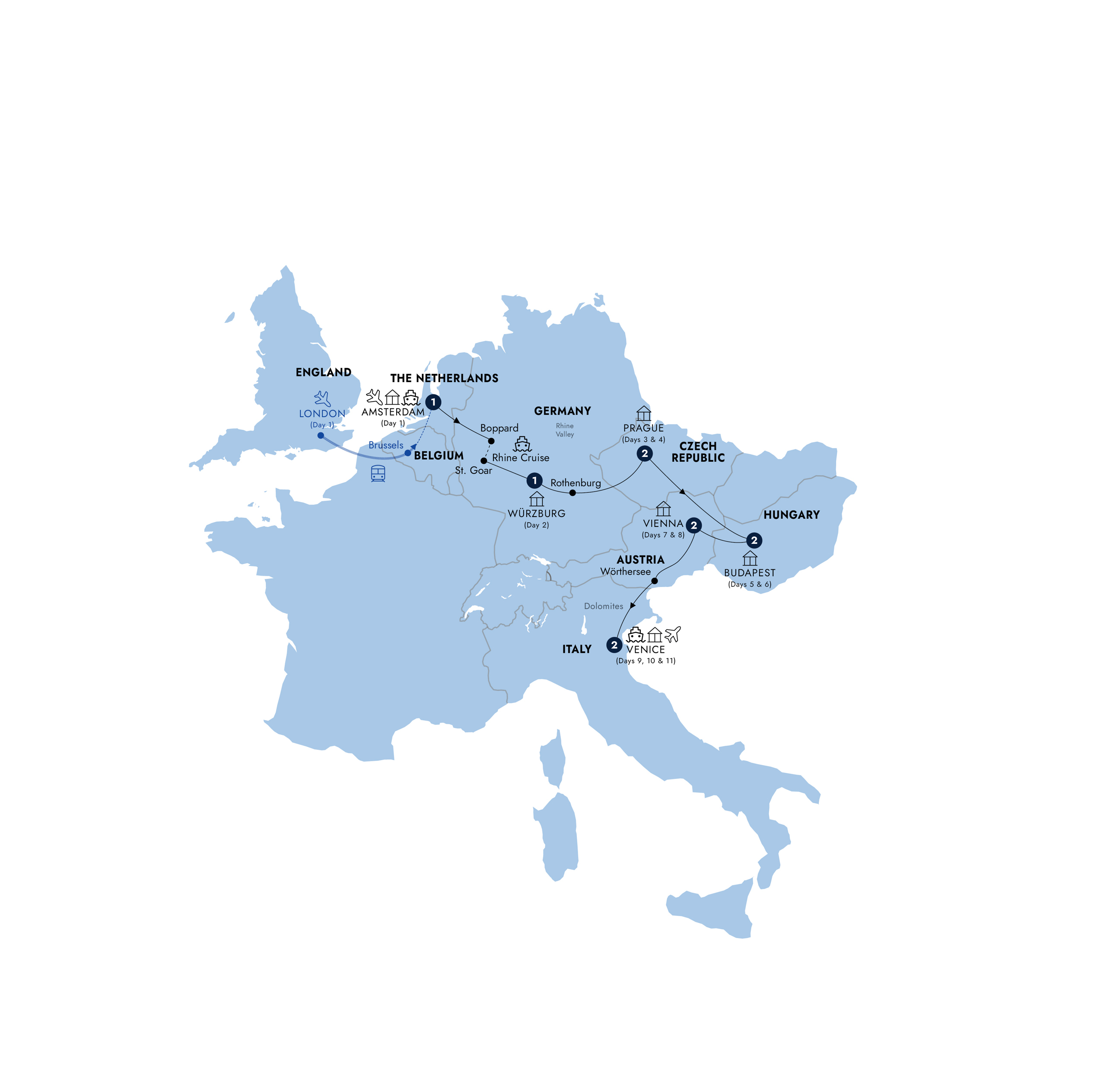 Map of European Rhapsody - Start Amsterdam (Summer 2027) from Insight Vacations