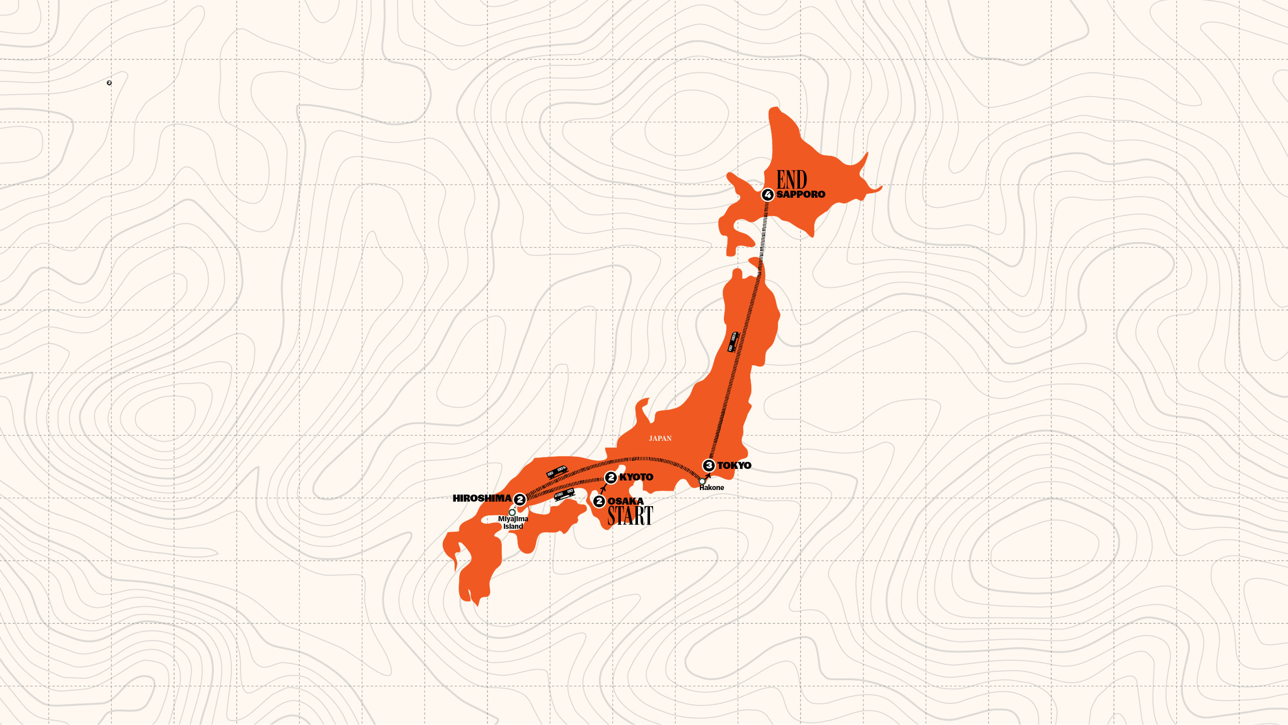 Map of Japan in Winter by Train | Plus Ski | 2027-2028 from Contiki