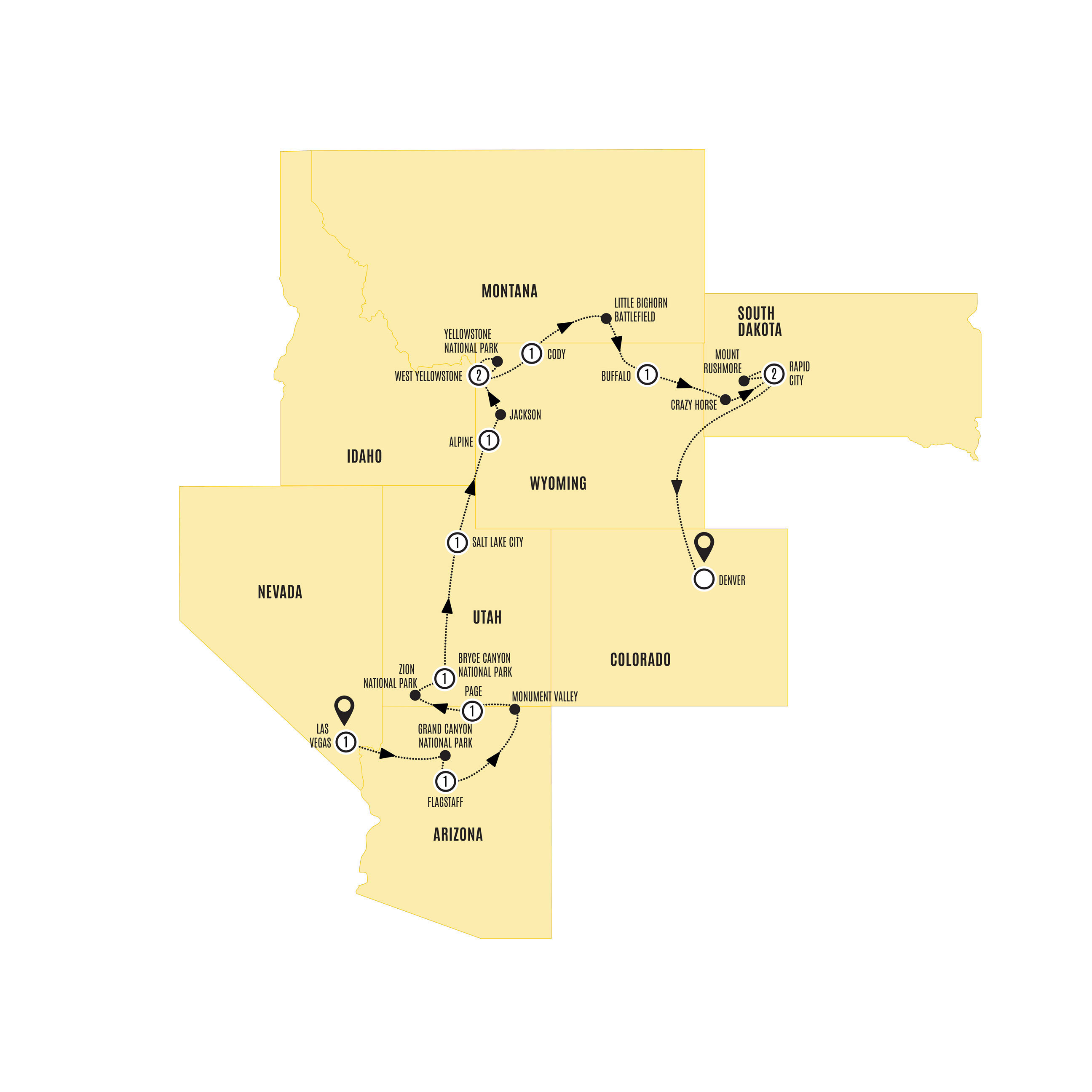 Spectacular Canyons and National Parks End Denver Itinerary Map