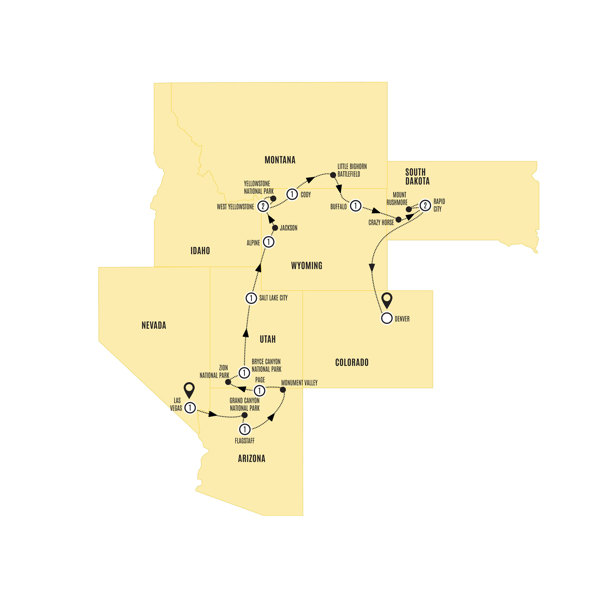 Spectacular Canyons and National Parks End Denver Itinerary Map